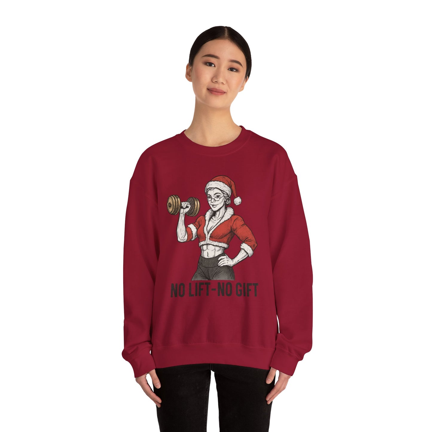 Mrs. Clause Crewneck Sweatshirt — "No Lift, No Gift" Santa Gym Graphic