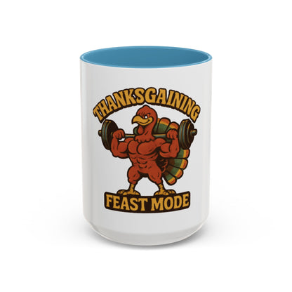 Thanksgiving Feast Mode Coffee Mug — Funny Muscle Turkey Accent Mug