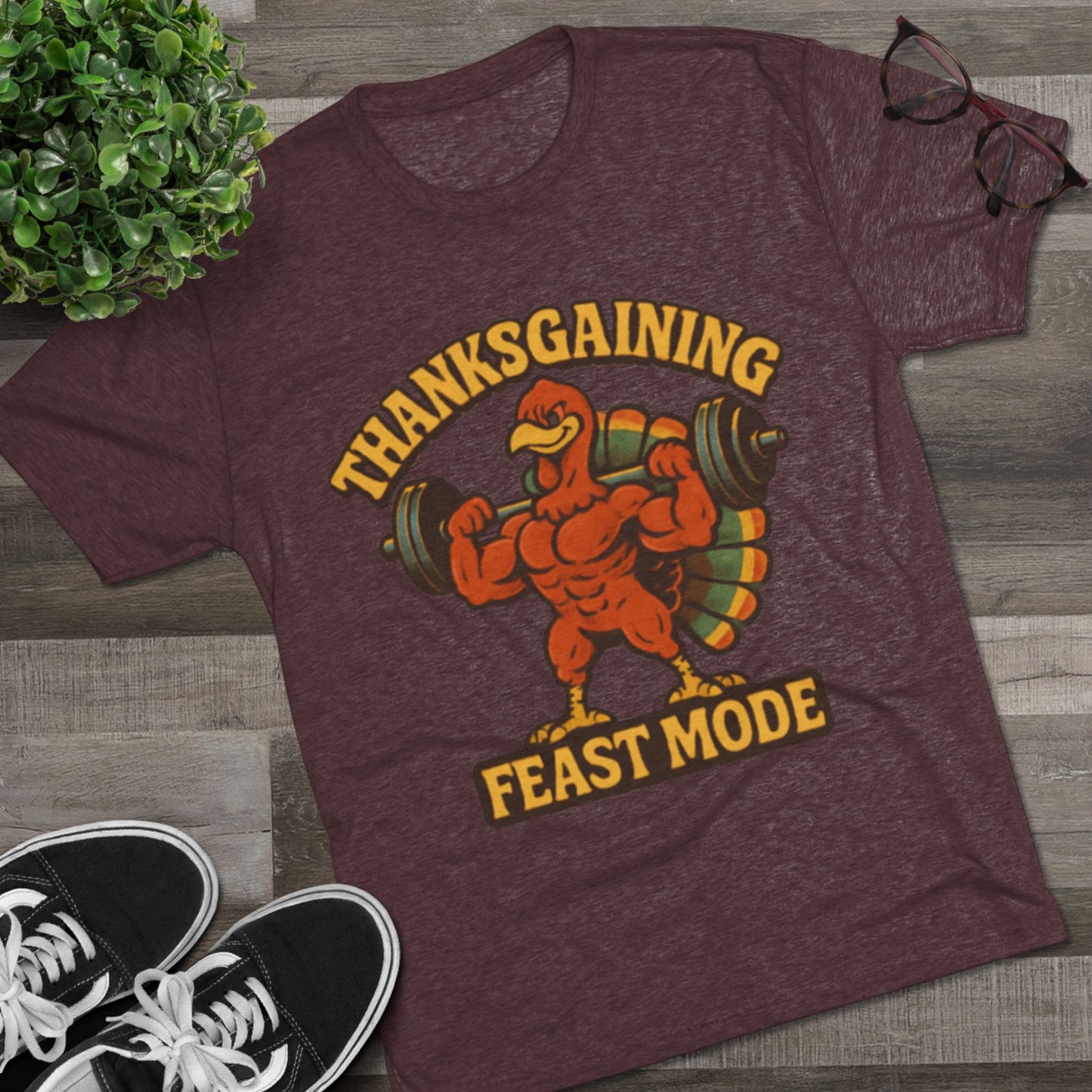 MAD Thanksgaining Tee Feast Mode T-Shirt — Muscular Turkey Weightlifting Graphic