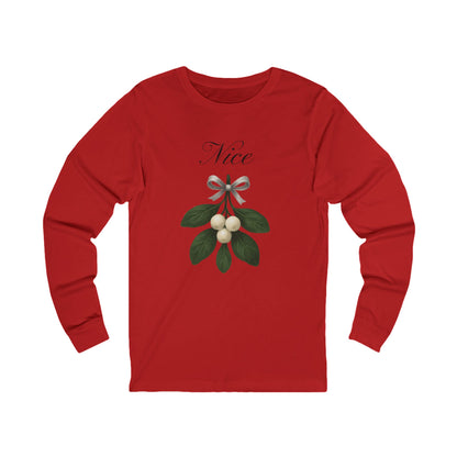 'Nice' Mistletoe Design (Custom Name on Back)-     Long Sleeve Tee —