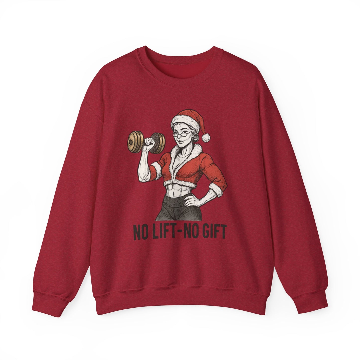 Mrs. Clause Crewneck Sweatshirt — "No Lift, No Gift" Santa Gym Graphic
