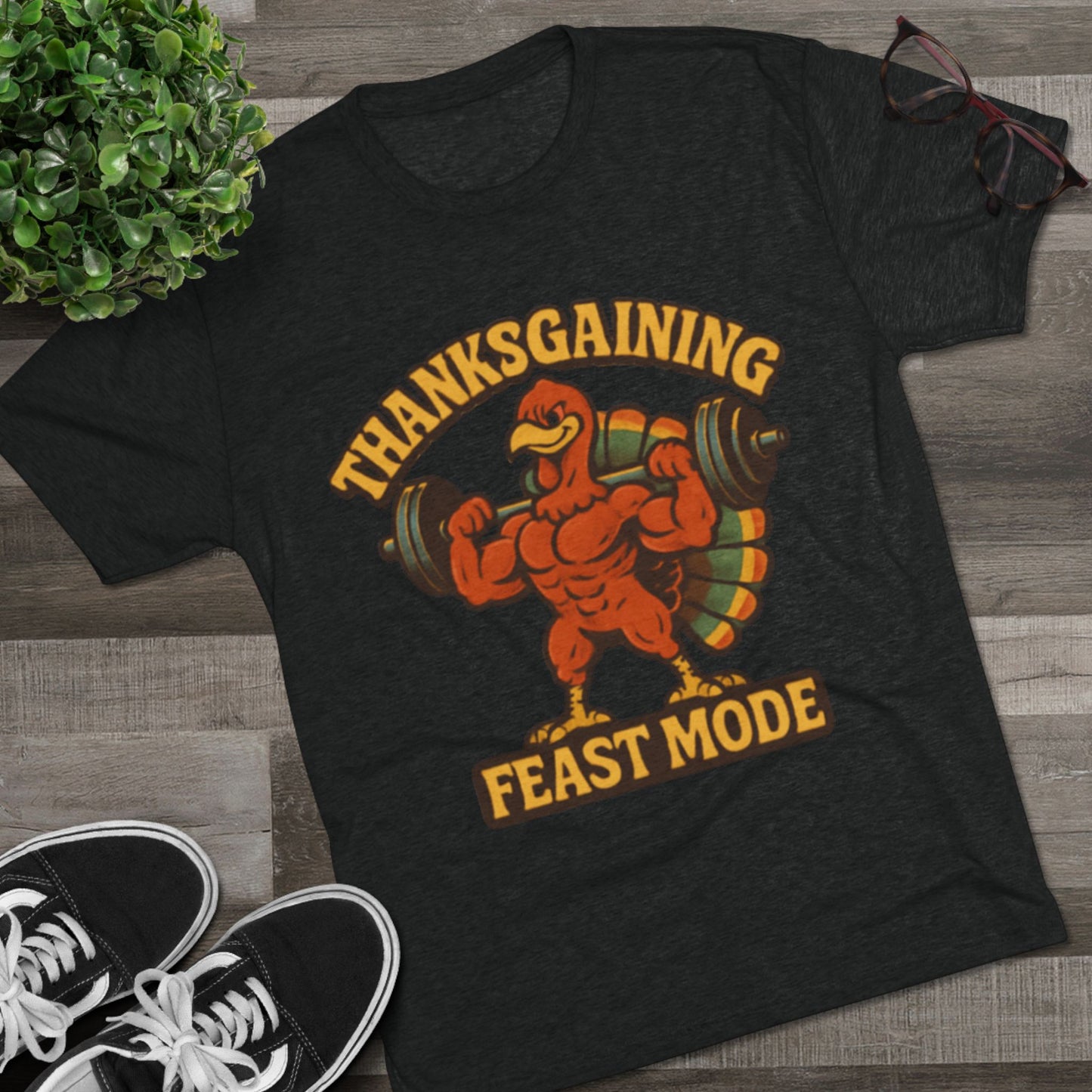 MAD Thanksgaining Tee Feast Mode T-Shirt — Muscular Turkey Weightlifting Graphic