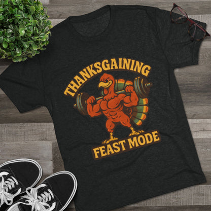 MAD Thanksgaining Tee Feast Mode T-Shirt — Muscular Turkey Weightlifting Graphic