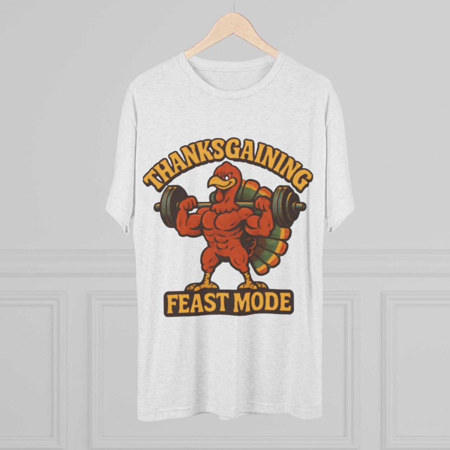 MAD Thanksgaining Tee Feast Mode T-Shirt — Muscular Turkey Weightlifting Graphic