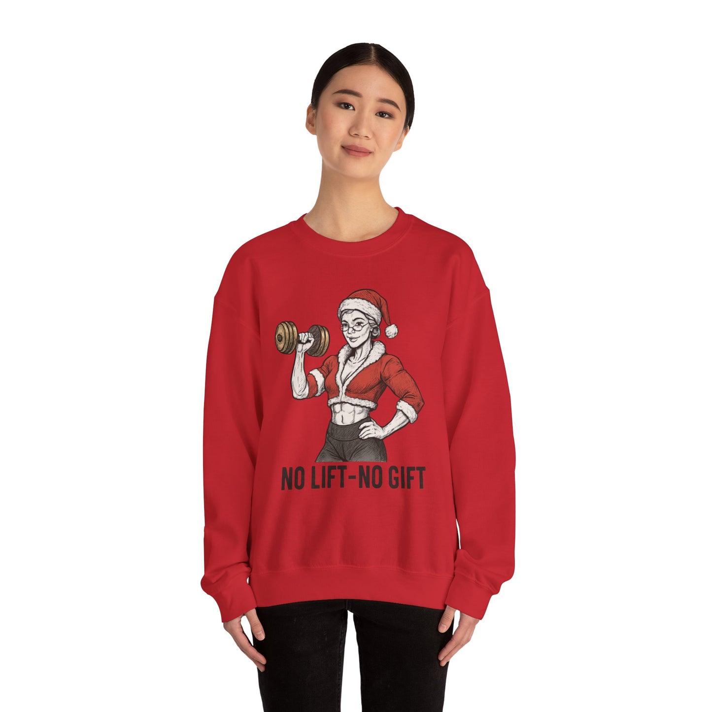 Mrs. Clause Crewneck Sweatshirt — "No Lift, No Gift" Santa Gym Graphic