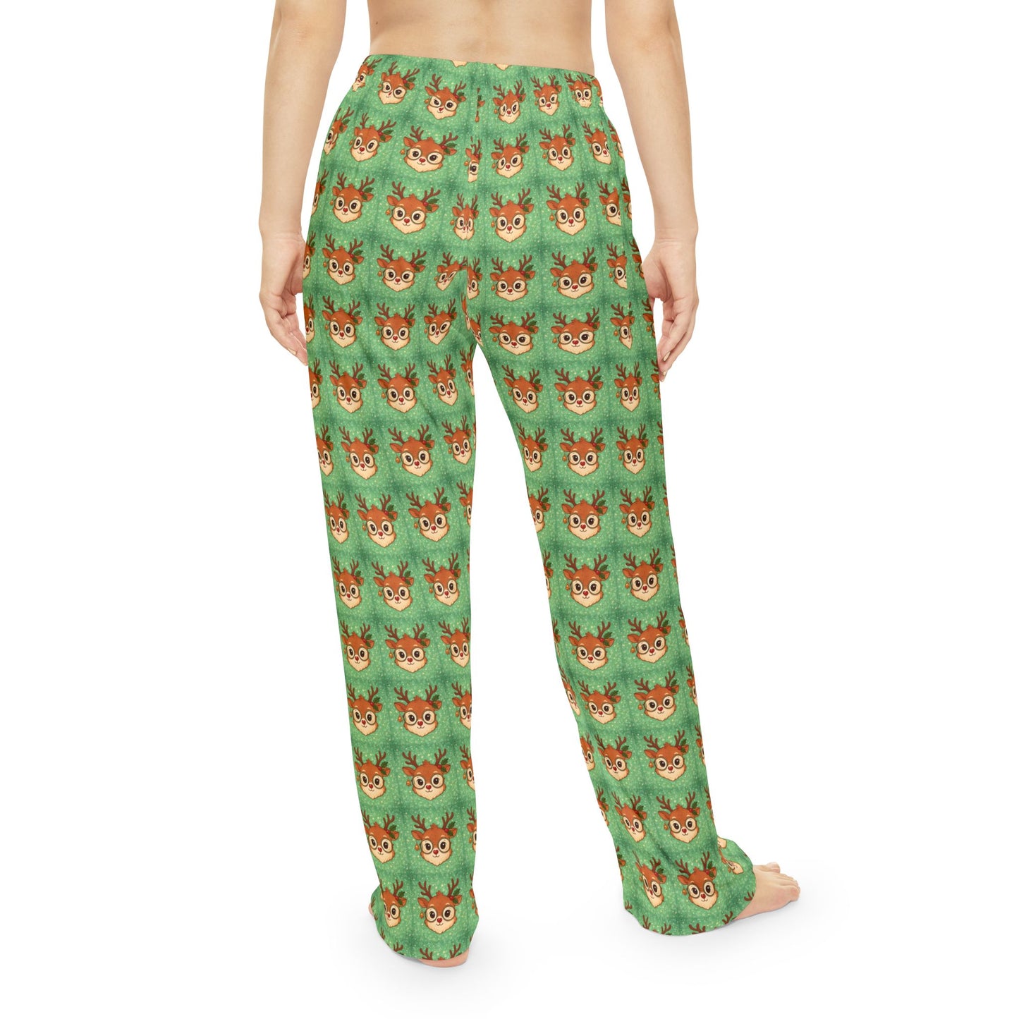 Christmas Reindeer Pattern Women's Pajama Pants — Cute Green All-Over Print Loungewear