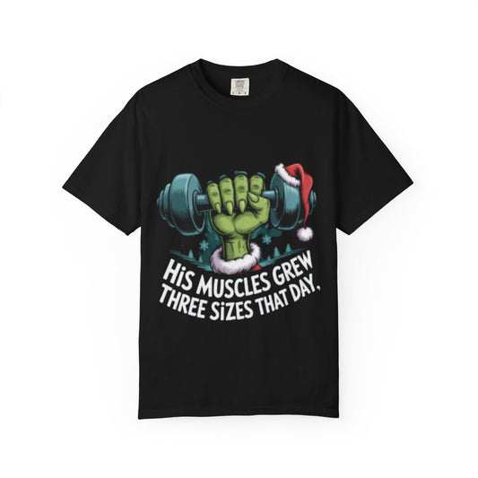 Christmas Gym Tee — 'His Muscles Grew Three Sizes That Day' Christmas Gym Tee