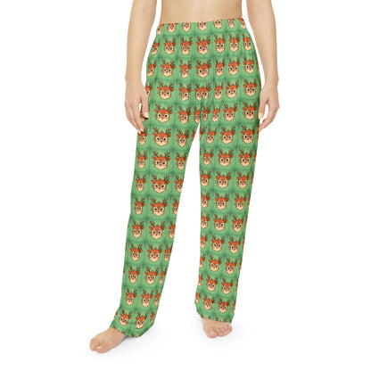 Christmas Reindeer Pattern Women's Pajama Pants — Cute Green All-Over Print Loungewear