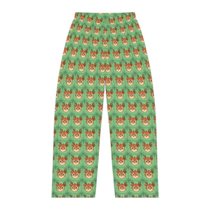 Christmas Reindeer Pattern Women's Pajama Pants — Cute Green All-Over Print Loungewear