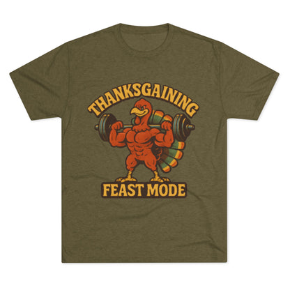 MAD Thanksgaining Tee Feast Mode T-Shirt — Muscular Turkey Weightlifting Graphic