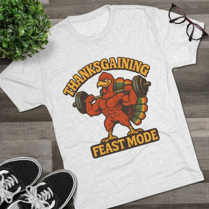 MAD Thanksgaining Tee Feast Mode T-Shirt — Muscular Turkey Weightlifting Graphic
