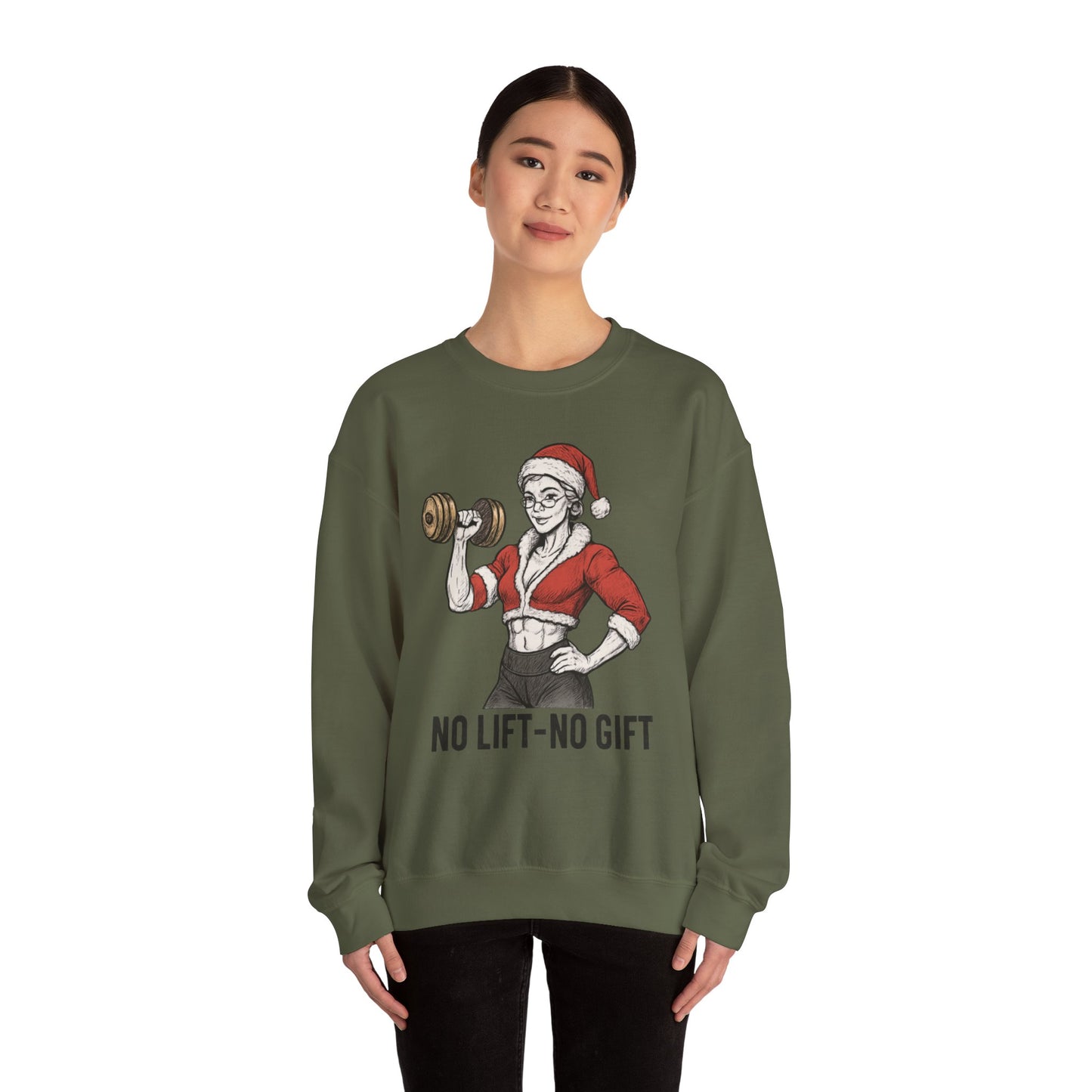 Mrs. Clause Crewneck Sweatshirt — "No Lift, No Gift" Santa Gym Graphic
