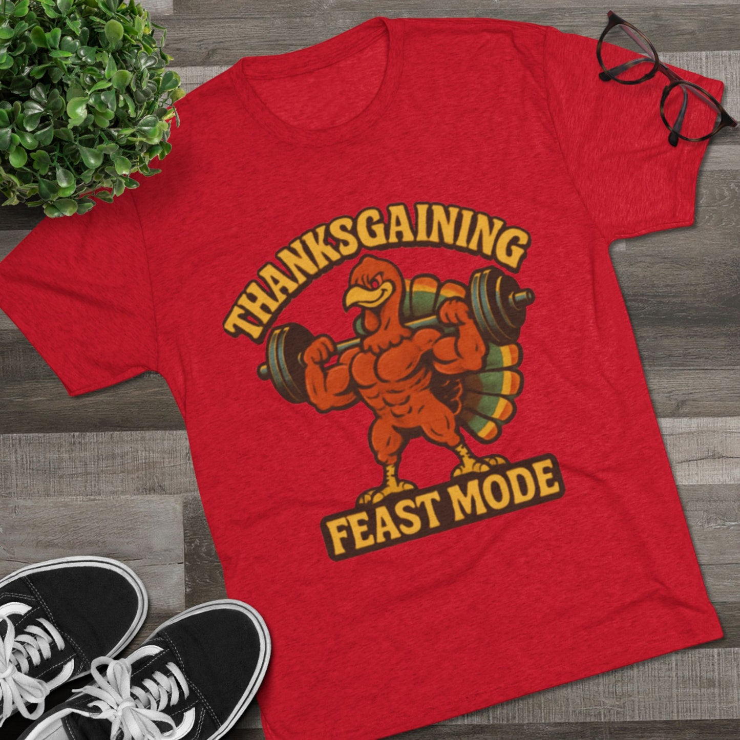 MAD Thanksgaining Tee Feast Mode T-Shirt — Muscular Turkey Weightlifting Graphic