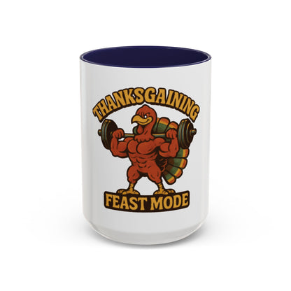 Thanksgiving Feast Mode Coffee Mug — Funny Muscle Turkey Accent Mug
