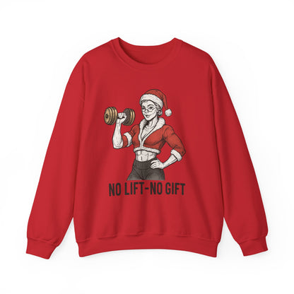 Mrs. Clause Crewneck Sweatshirt — "No Lift, No Gift" Santa Gym Graphic