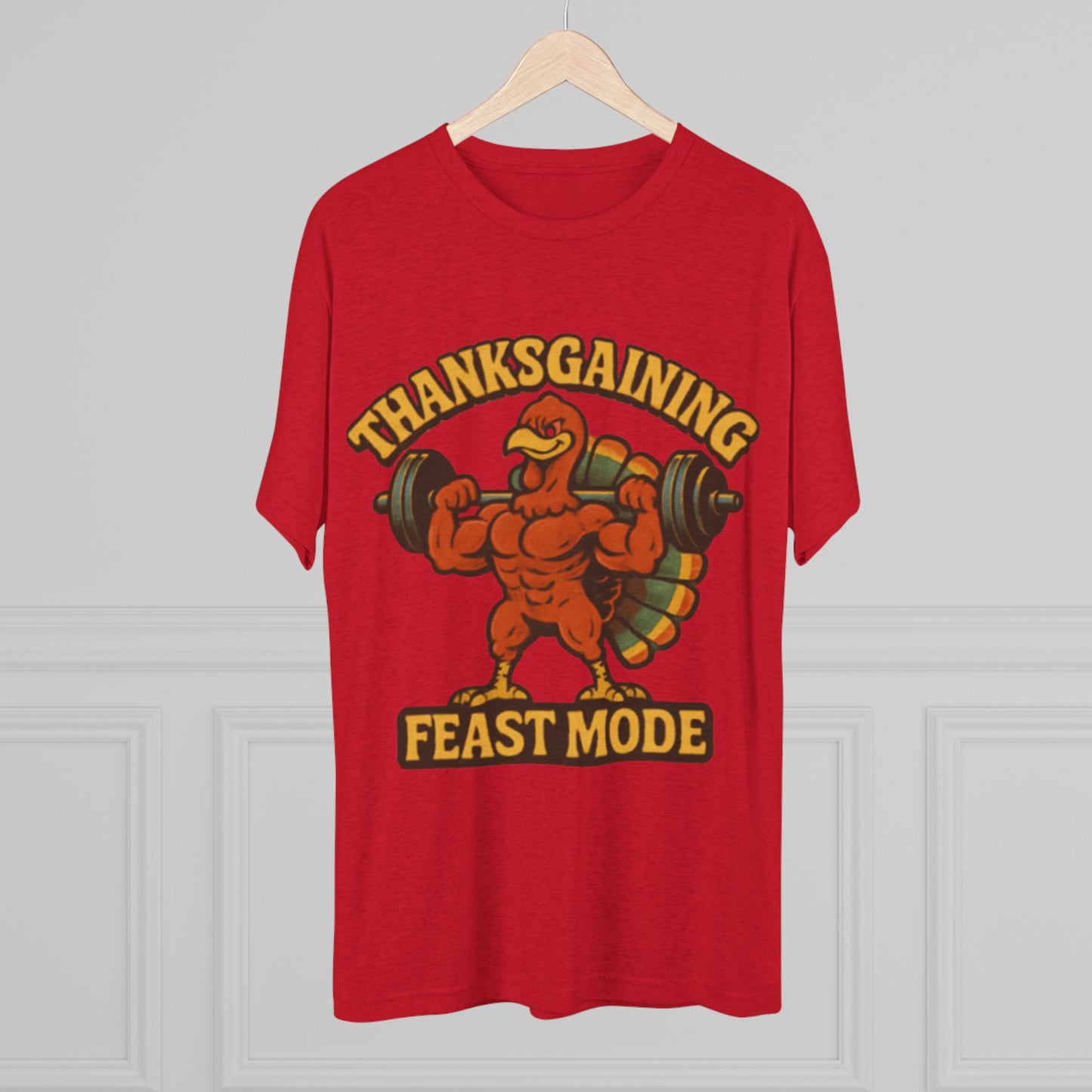 MAD Thanksgaining Tee Feast Mode T-Shirt — Muscular Turkey Weightlifting Graphic