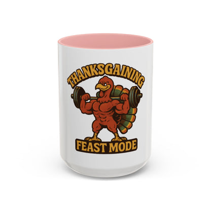 Thanksgiving Feast Mode Coffee Mug — Funny Muscle Turkey Accent Mug