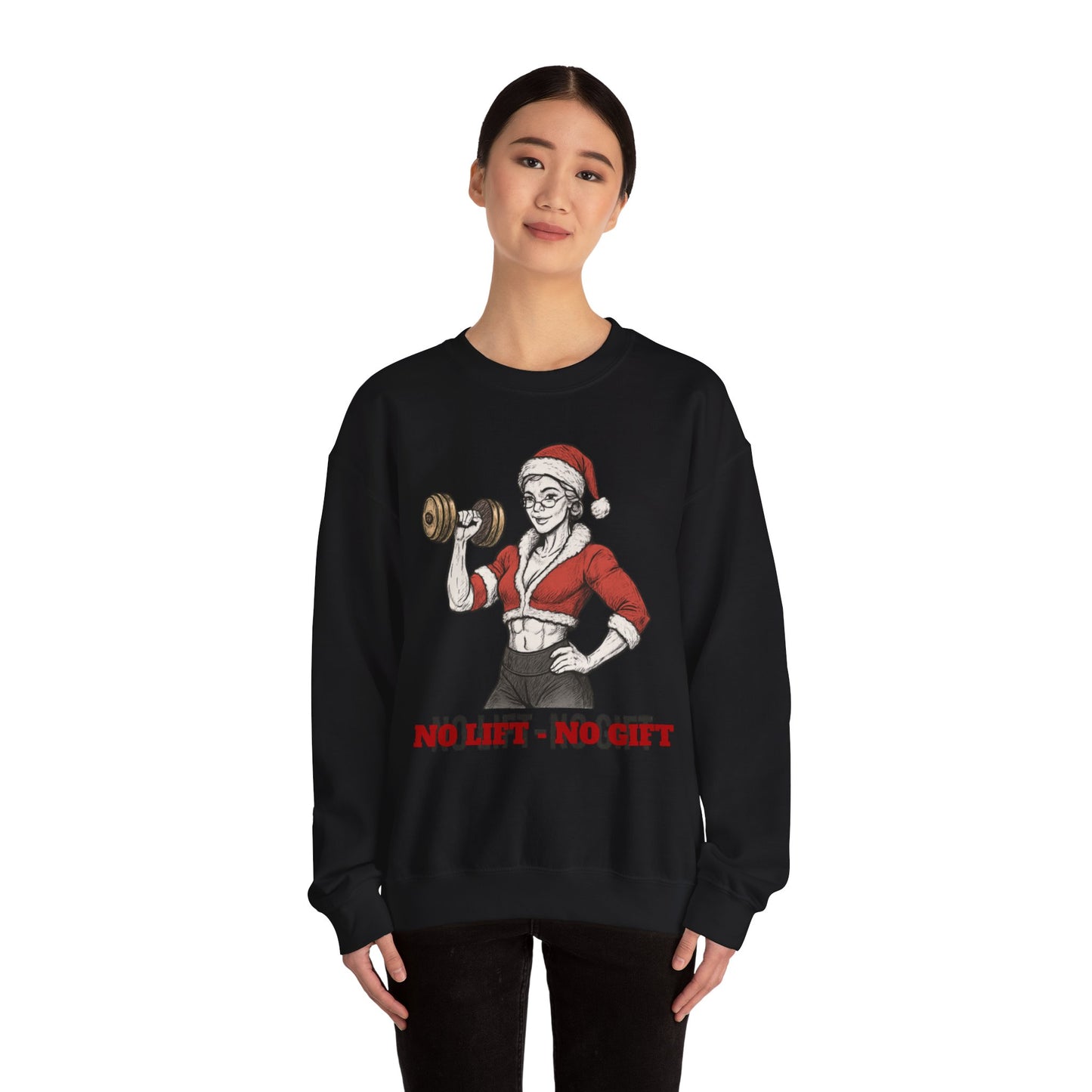 Mrs. Clause Crewneck Sweatshirt — "No Lift, No Gift" Santa Gym Graphic