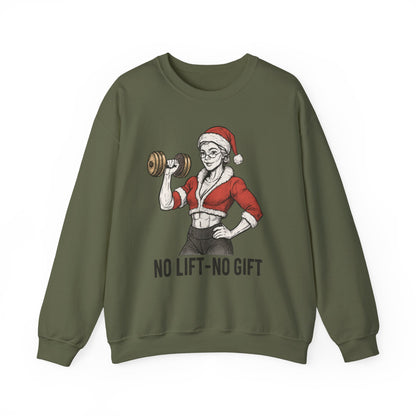 Mrs. Clause Crewneck Sweatshirt — "No Lift, No Gift" Santa Gym Graphic
