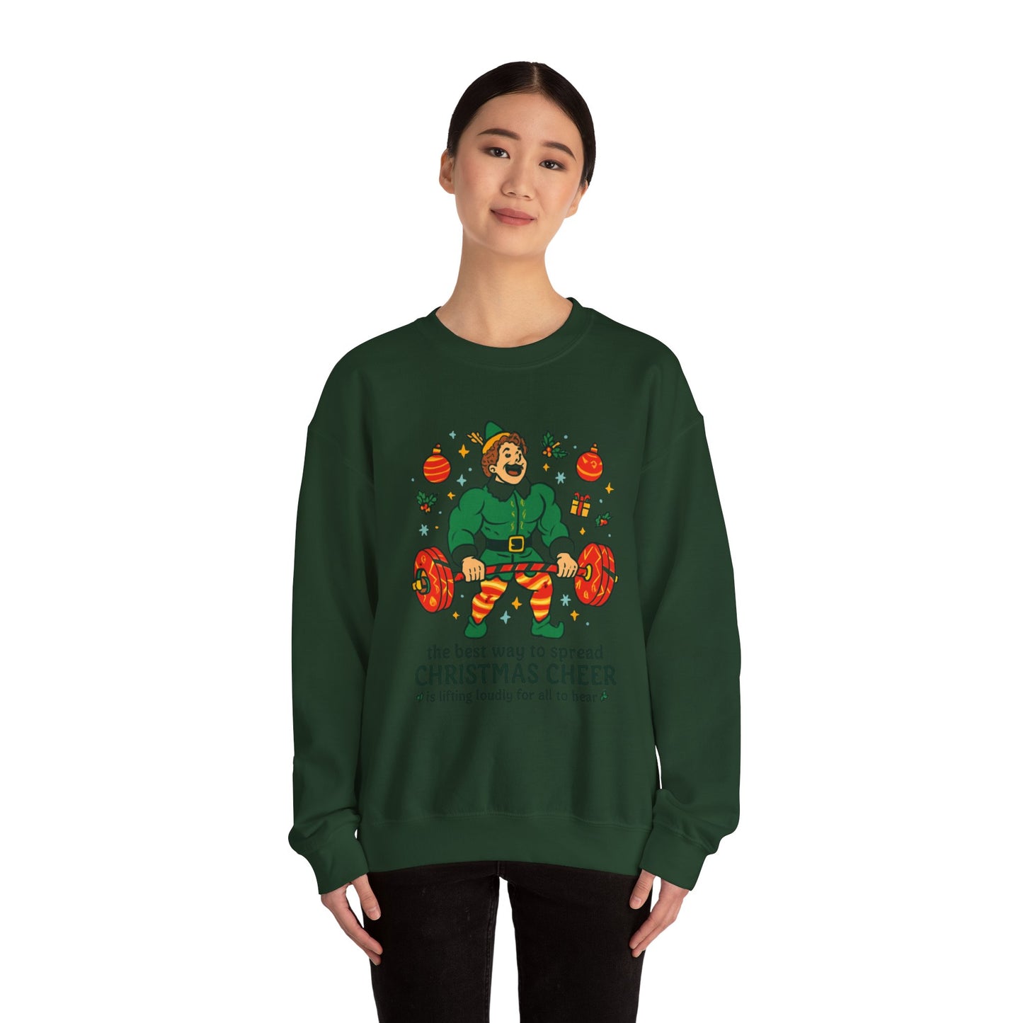 Christmas Elf Sweatshirt – 'The Best Way to Spread Christmas Cheer is Lifting Loudly' Holiday Crewneck