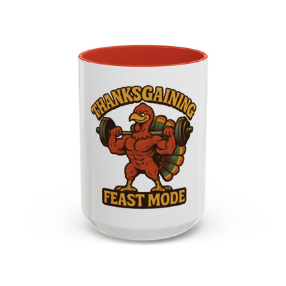 Thanksgiving Feast Mode Coffee Mug — Funny Muscle Turkey Accent Mug