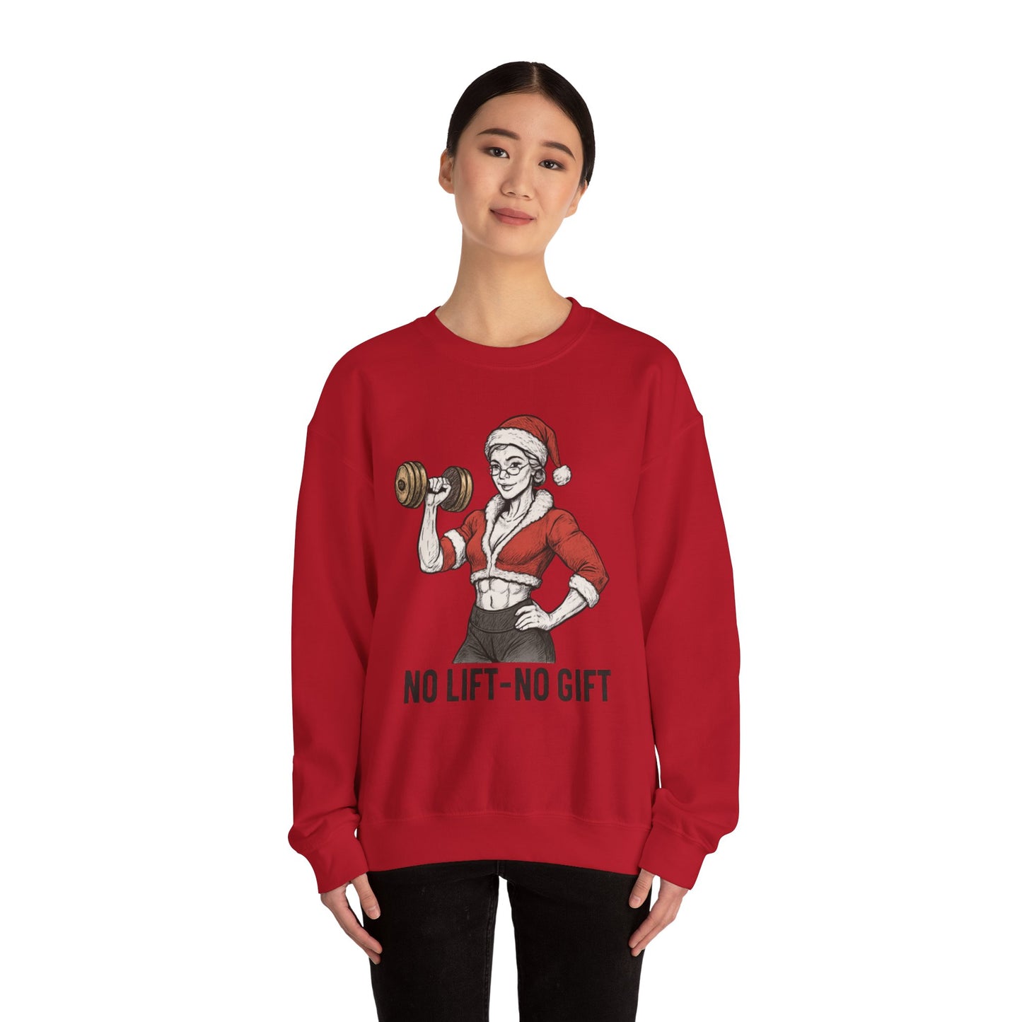 Mrs. Clause Crewneck Sweatshirt — "No Lift, No Gift" Santa Gym Graphic