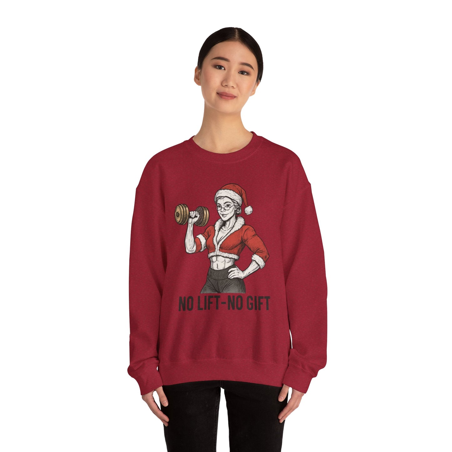 Mrs. Clause Crewneck Sweatshirt — "No Lift, No Gift" Santa Gym Graphic