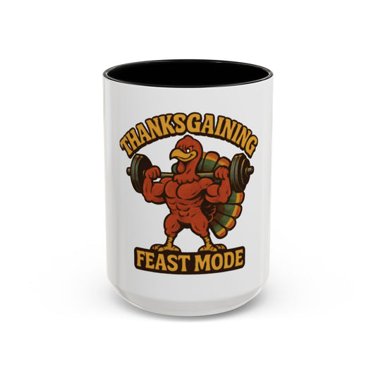 Thanksgiving Feast Mode Coffee Mug — Funny Muscle Turkey Accent Mug