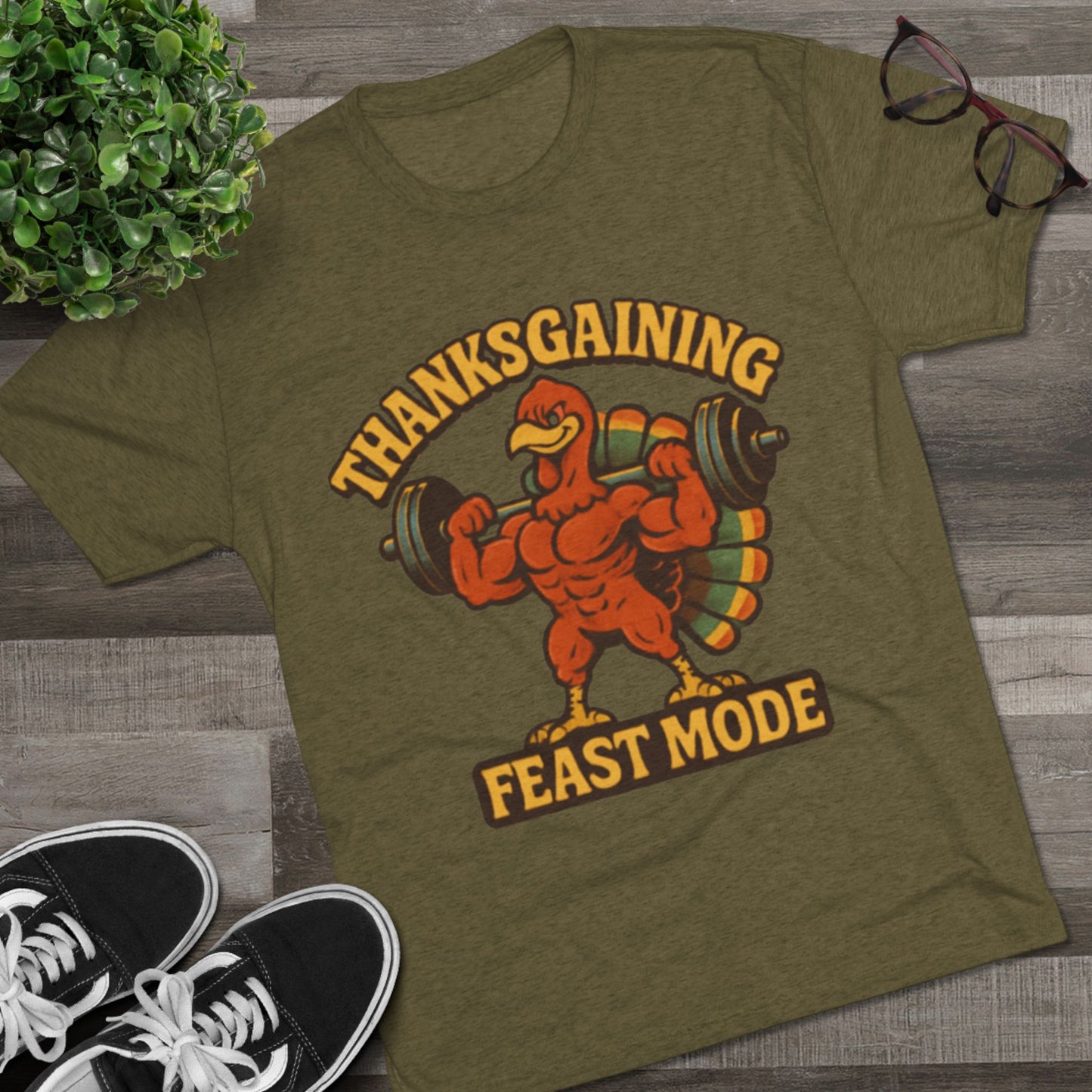 MAD Thanksgaining Tee Feast Mode T-Shirt — Muscular Turkey Weightlifting Graphic