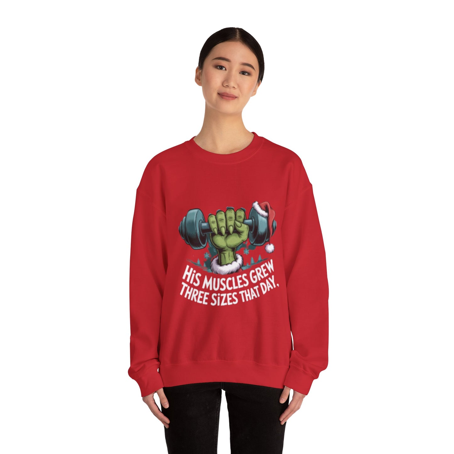 Christmas Gym Sweatshirt — “His Muscles Grew Three Sizes That Day” Holiday Workout Crewneck
