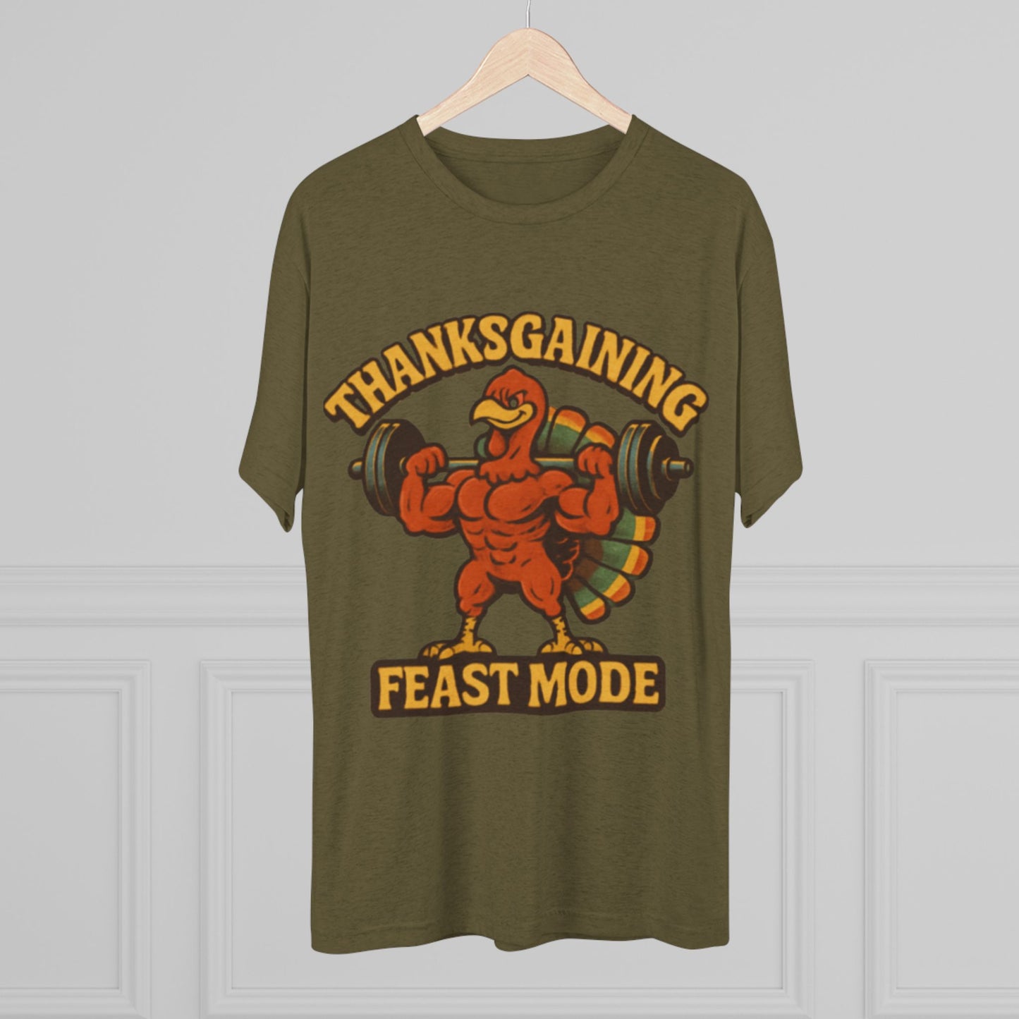 MAD Thanksgaining Tee Feast Mode T-Shirt — Muscular Turkey Weightlifting Graphic