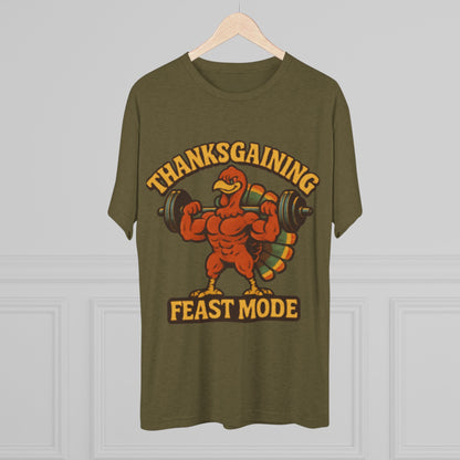 MAD Thanksgaining Tee Feast Mode T-Shirt — Muscular Turkey Weightlifting Graphic