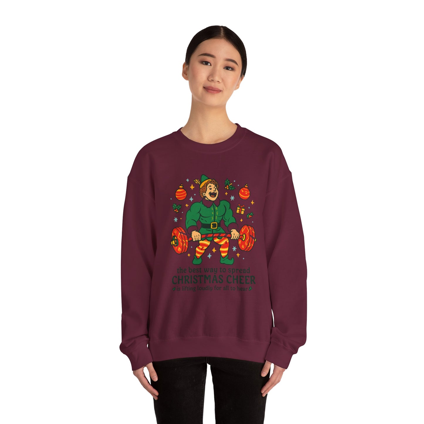 Christmas Elf Sweatshirt – 'The Best Way to Spread Christmas Cheer is Lifting Loudly' Holiday Crewneck
