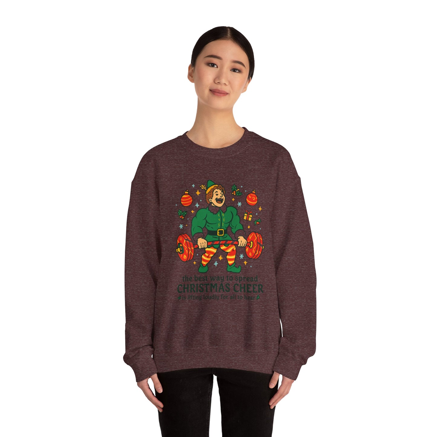 Christmas Elf Sweatshirt – 'The Best Way to Spread Christmas Cheer is Lifting Loudly' Holiday Crewneck