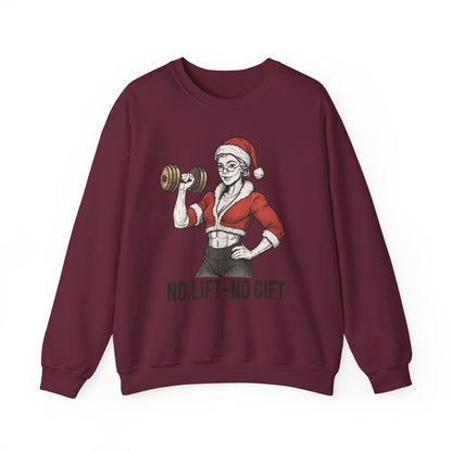 Mrs. Clause Crewneck Sweatshirt — "No Lift, No Gift" Santa Gym Graphic